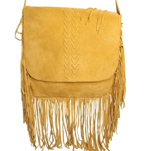 RAJ suede crossbody w/chevron front and fringe trim - Picture 1 of 8